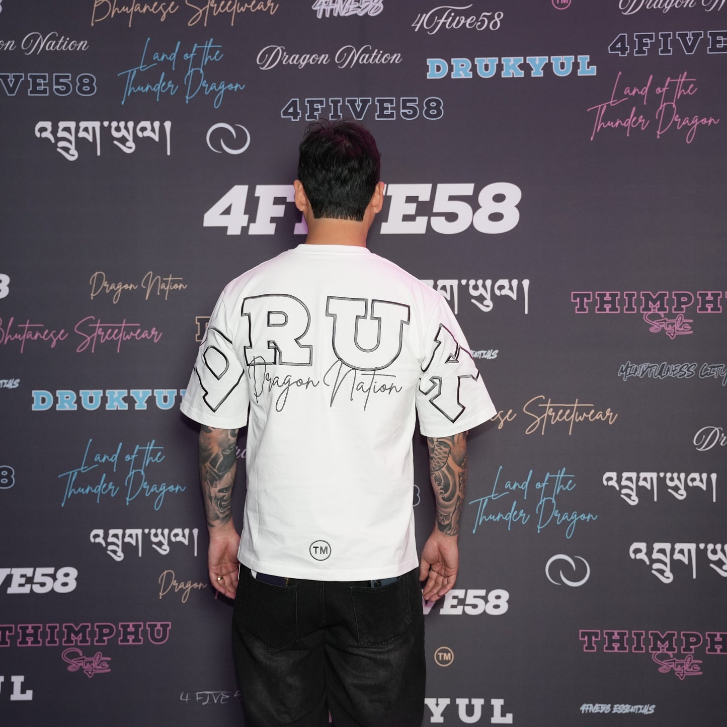 4FIVE58 Embroidered DRUK T-Shirt | White | Dragon Nation Collection