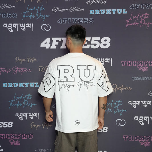 4FIVE58 Embroidered DRUK T-Shirt | White | Dragon Nation Collection