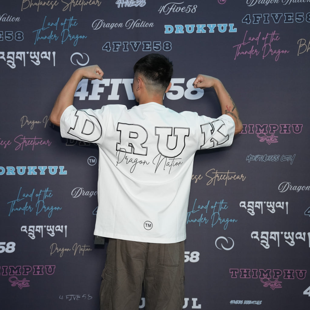 4FIVE58 Embroidered DRUK T-Shirt | White | Dragon Nation Collection (20% OFF)