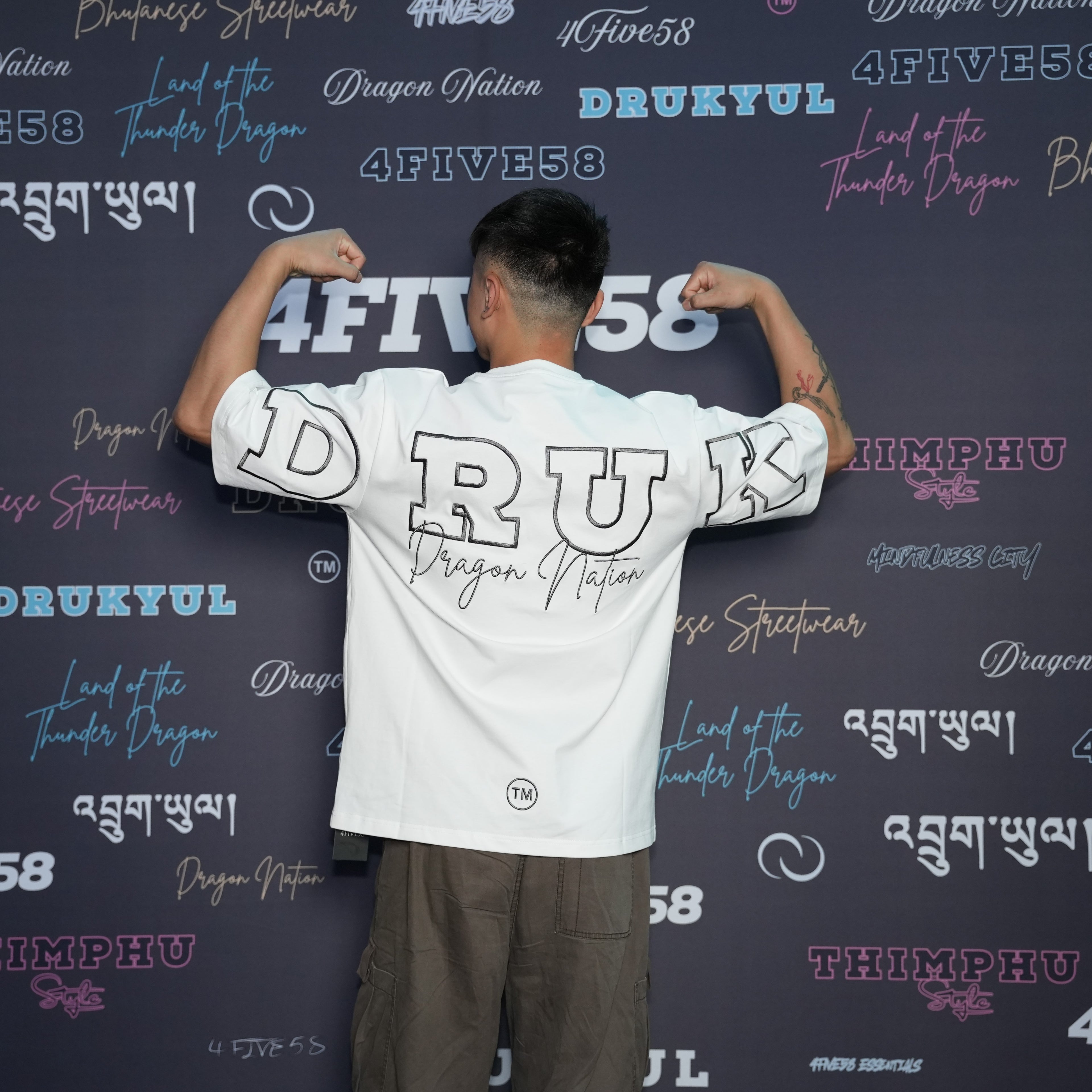 4FIVE58 Embroidered DRUK T-Shirt | White | Dragon Nation Collection (20% OFF)